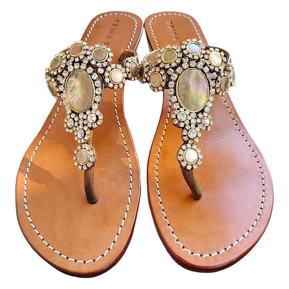 Trina Turk 'Argentina' Leather Sandals, Size 10, Natural Shells & Rhinestones